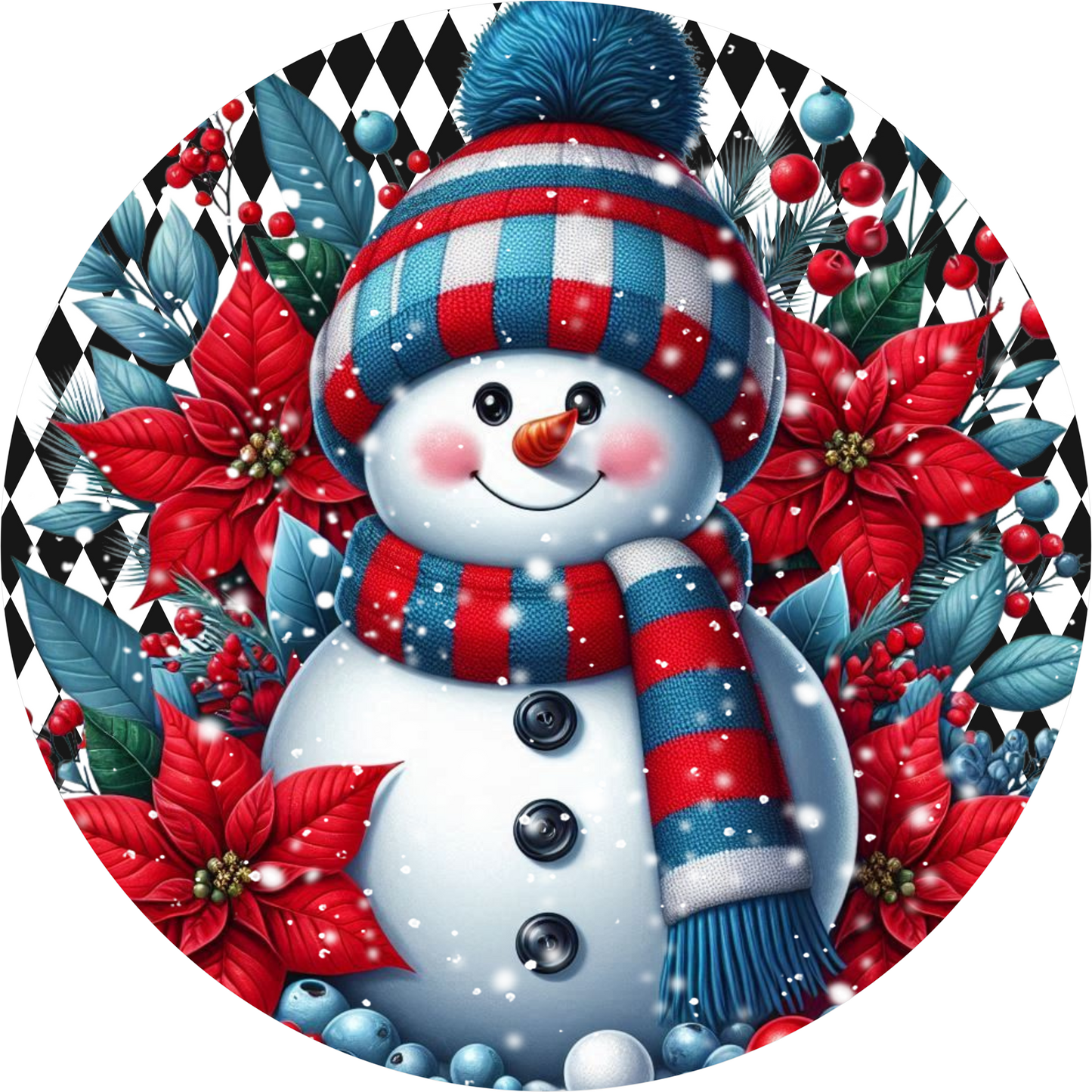 Snowman on Red and Blue Harlequin — Christmas Round Wreath Sign