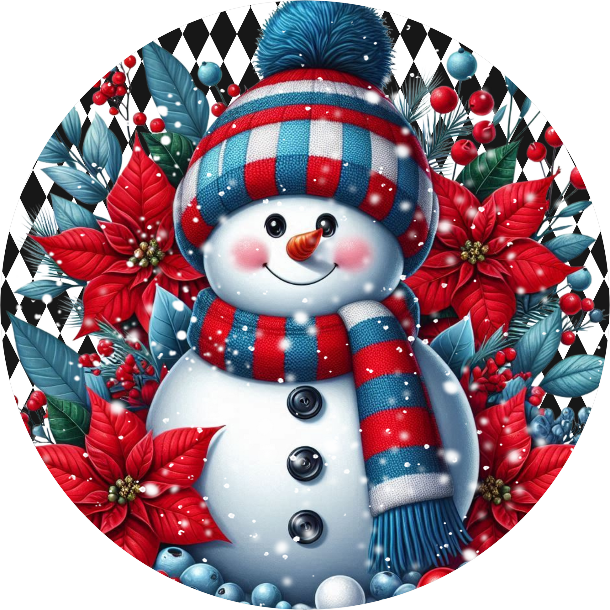 Snowman on Red and Blue Harlequin — Christmas Round Wreath Sign