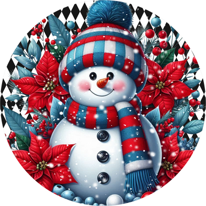 Snowman on Red and Blue Harlequin — Christmas Round Wreath Sign