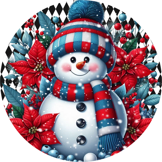 Snowman on Red and Blue Harlequin — Christmas Round Wreath Sign