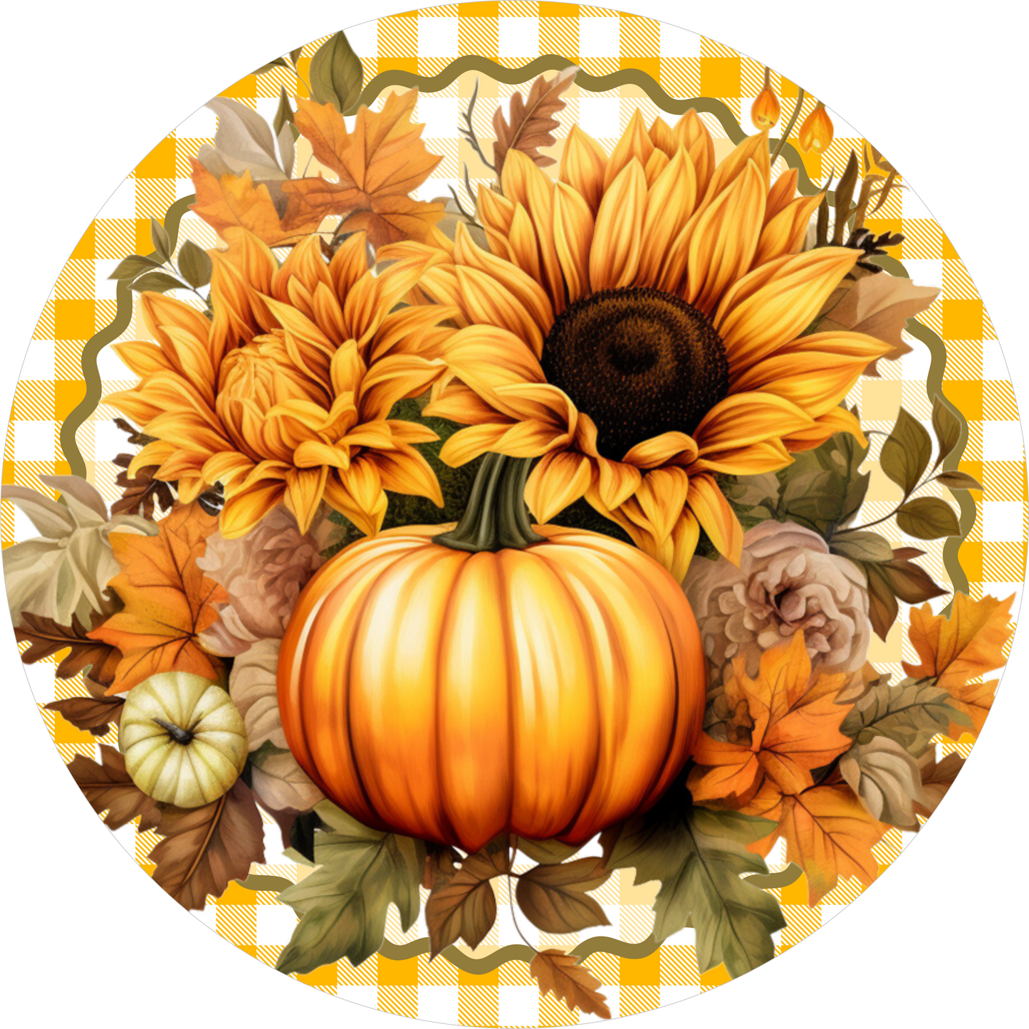 Pumpkin Sunflowers Yellow Gingham Round Wreath Sign