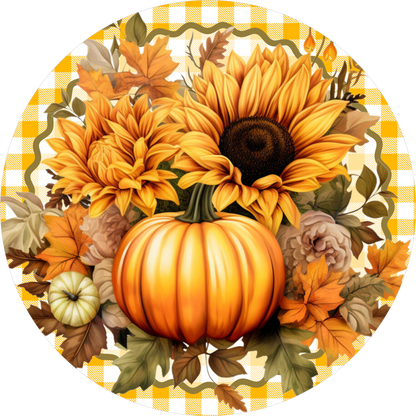 Pumpkin Sunflowers Yellow Gingham Round Wreath Sign