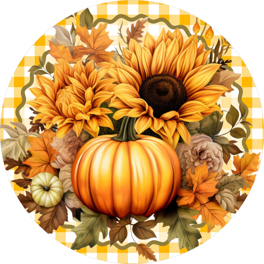 Pumpkin Sunflowers Yellow Gingham Round Wreath Sign