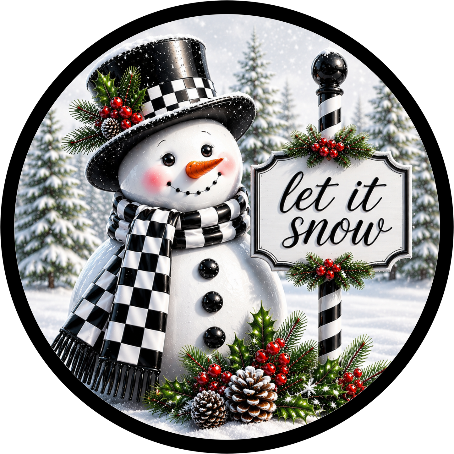 Checkered Snowman with a Border — Winter Round Wreath Sign