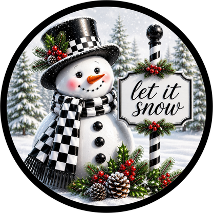 Checkered Snowman with a Border — Winter Round Wreath Sign