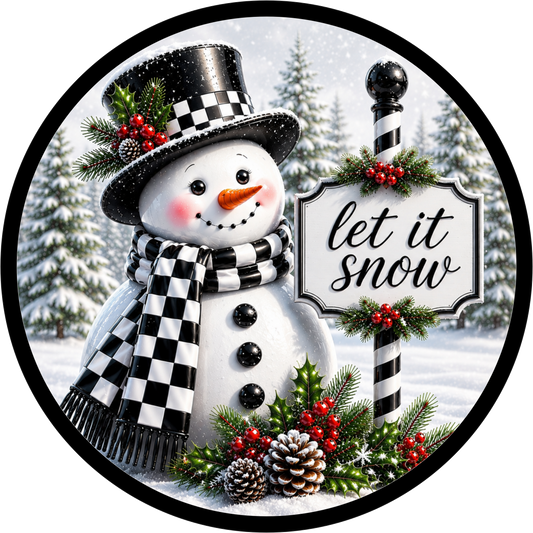 Checkered Snowman with a Border — Winter Round Wreath Sign