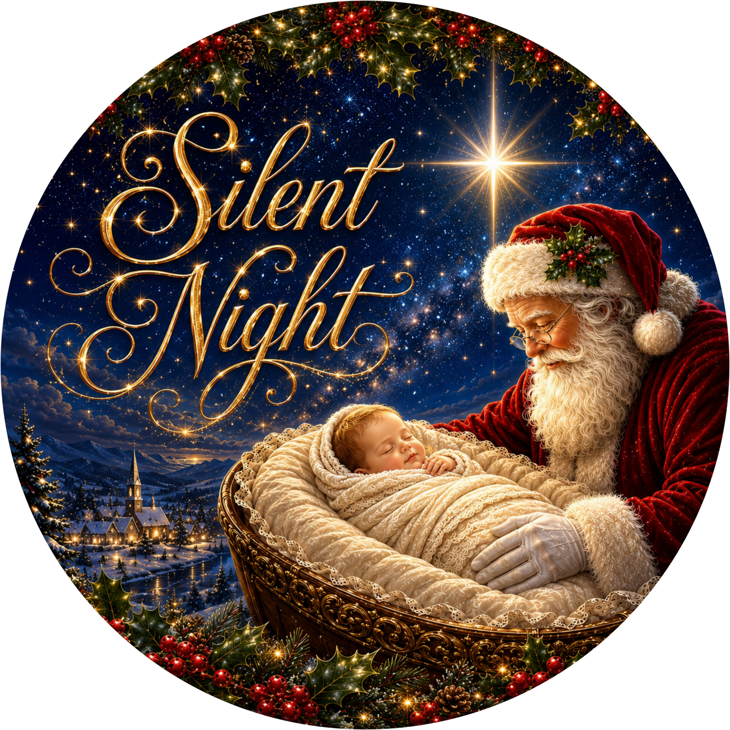 Santa and Jesus — Christmas Round Wreath Sign