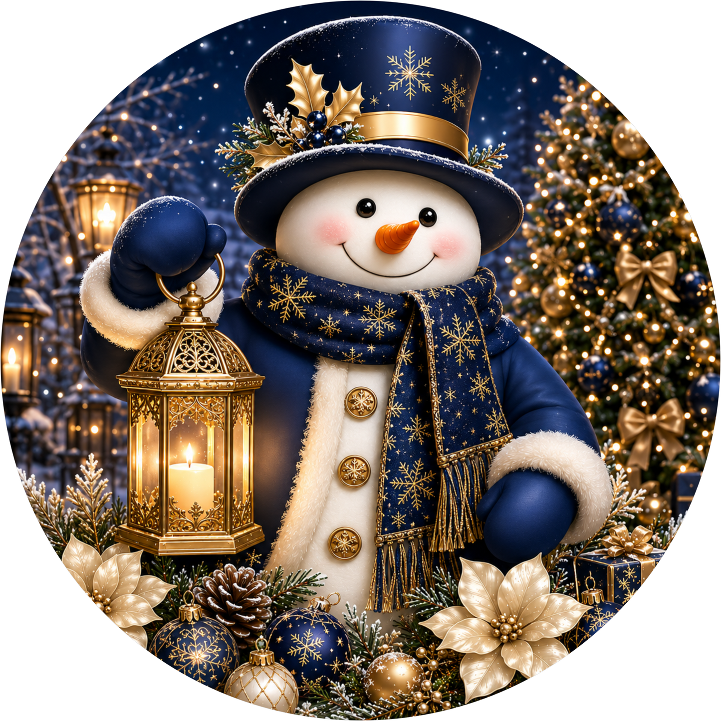 Blue and Gold Snowman with His Lantern — Winter Round Wreath Sign