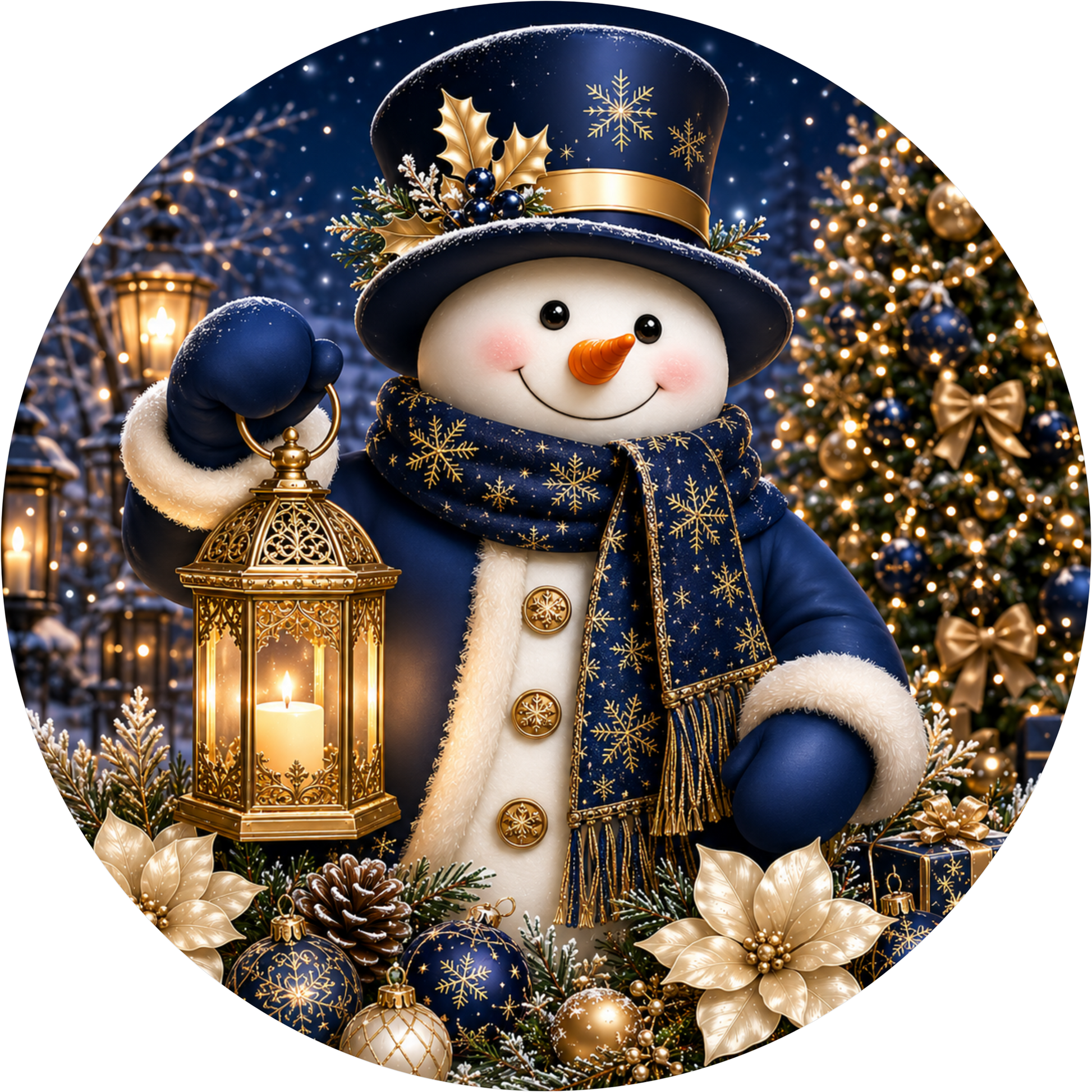 Blue and Gold Snowman with His Lantern — Winter Round Wreath Sign