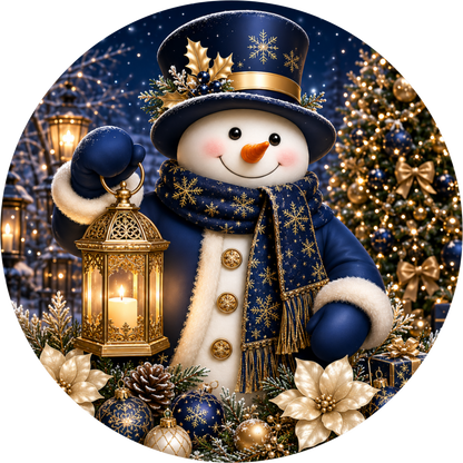 Blue and Gold Snowman with His Lantern — Winter Round Wreath Sign