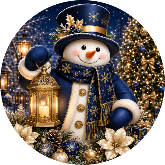 Blue and Gold Snowman with His Lantern — Winter Round Wreath Sign