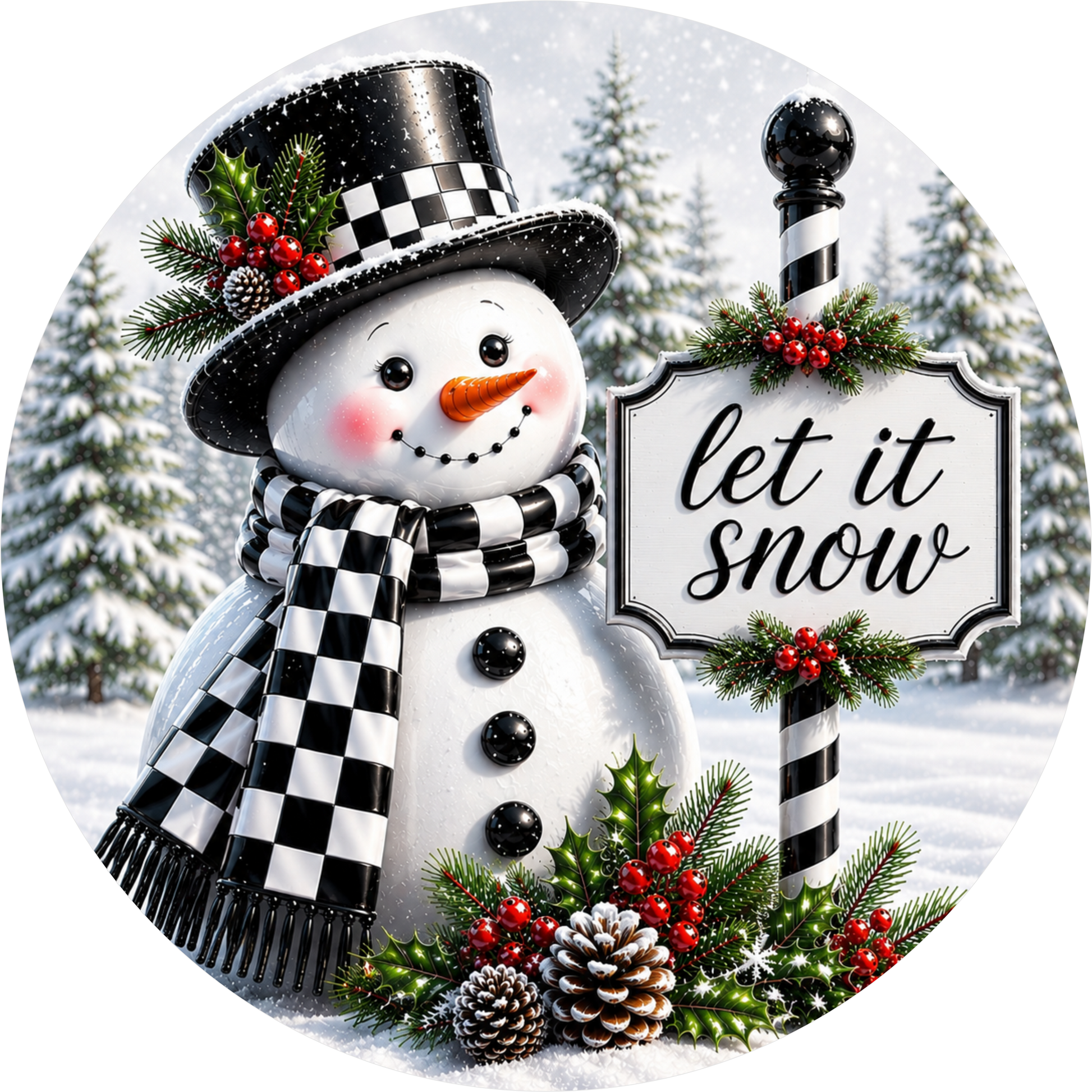 Checkered Snowman — Winter Round Wreath Sign