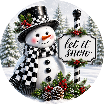 Checkered Snowman — Winter Round Wreath Sign