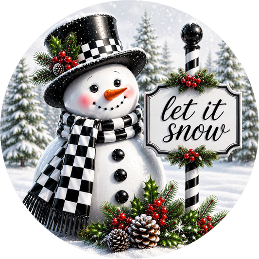 Checkered Snowman — Winter Round Wreath Sign