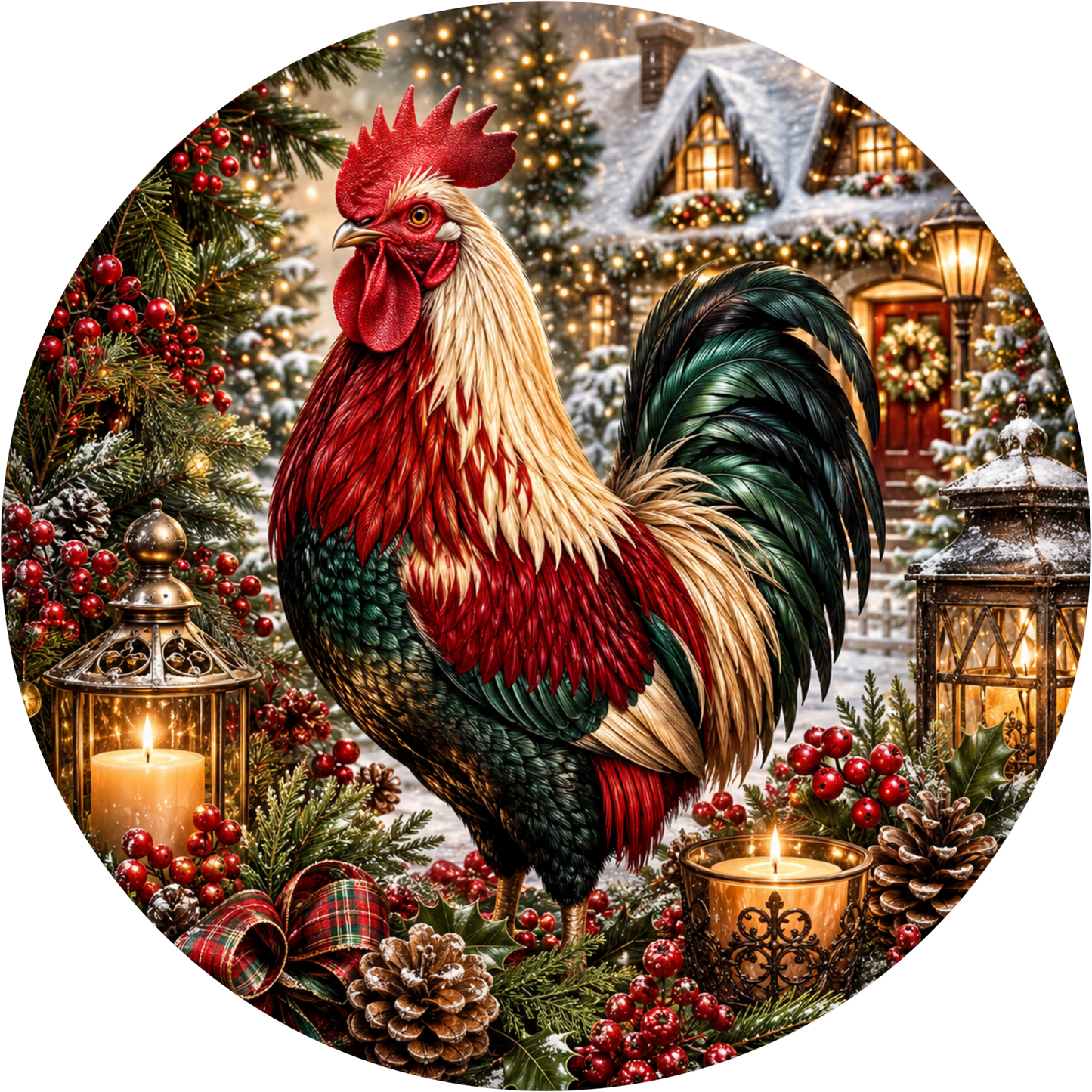 Rooster Dressed for Christmas — Round Wreath Sign