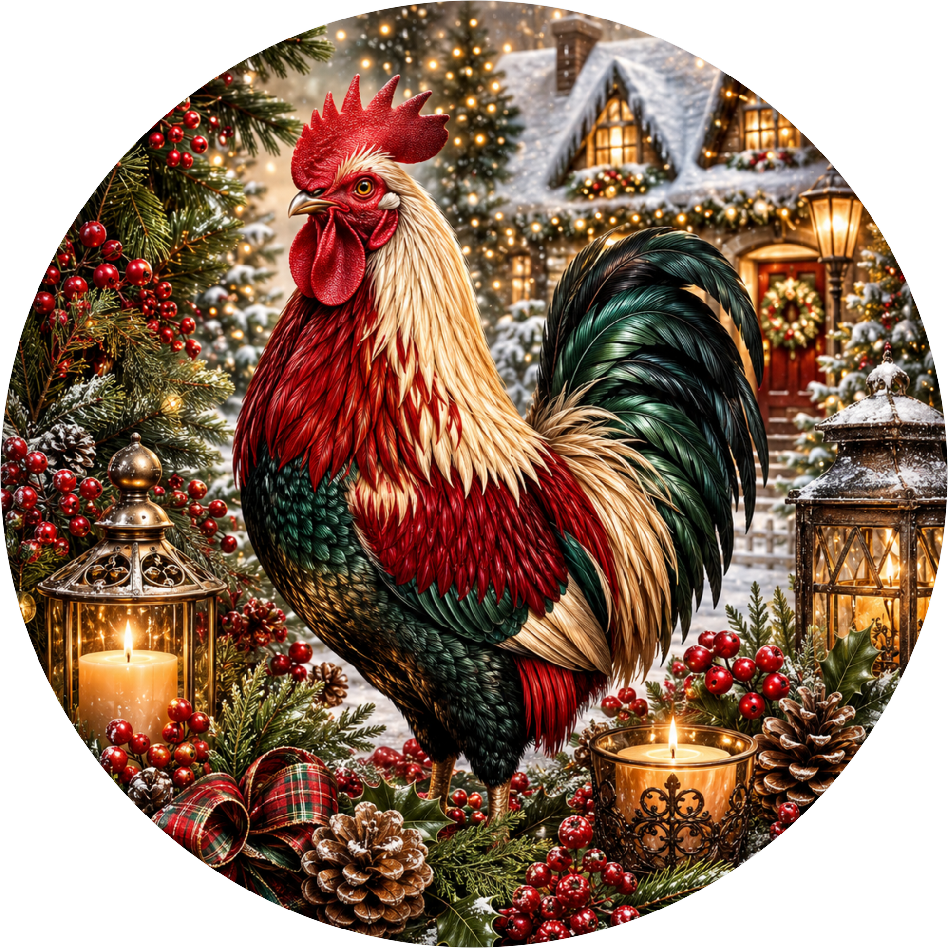 Rooster Dressed for Christmas — Round Wreath Sign