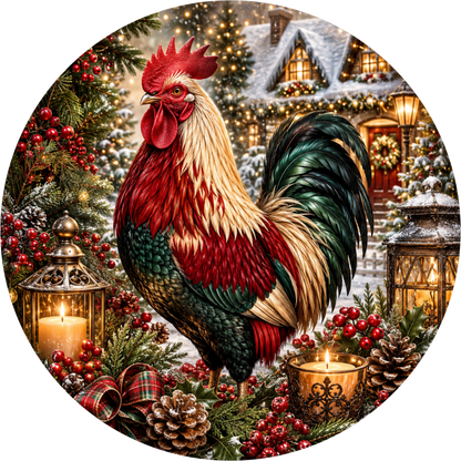 Rooster Dressed for Christmas — Round Wreath Sign