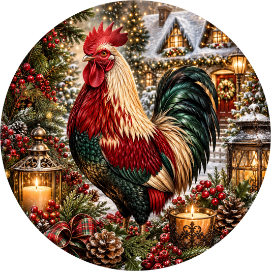 Rooster Dressed for Christmas — Round Wreath Sign