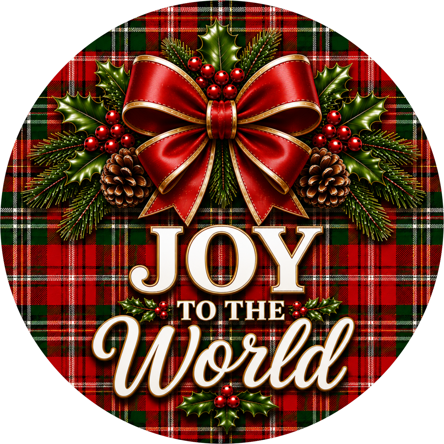 Joy to the World in Plaid — Christmas Round Wreath Sign