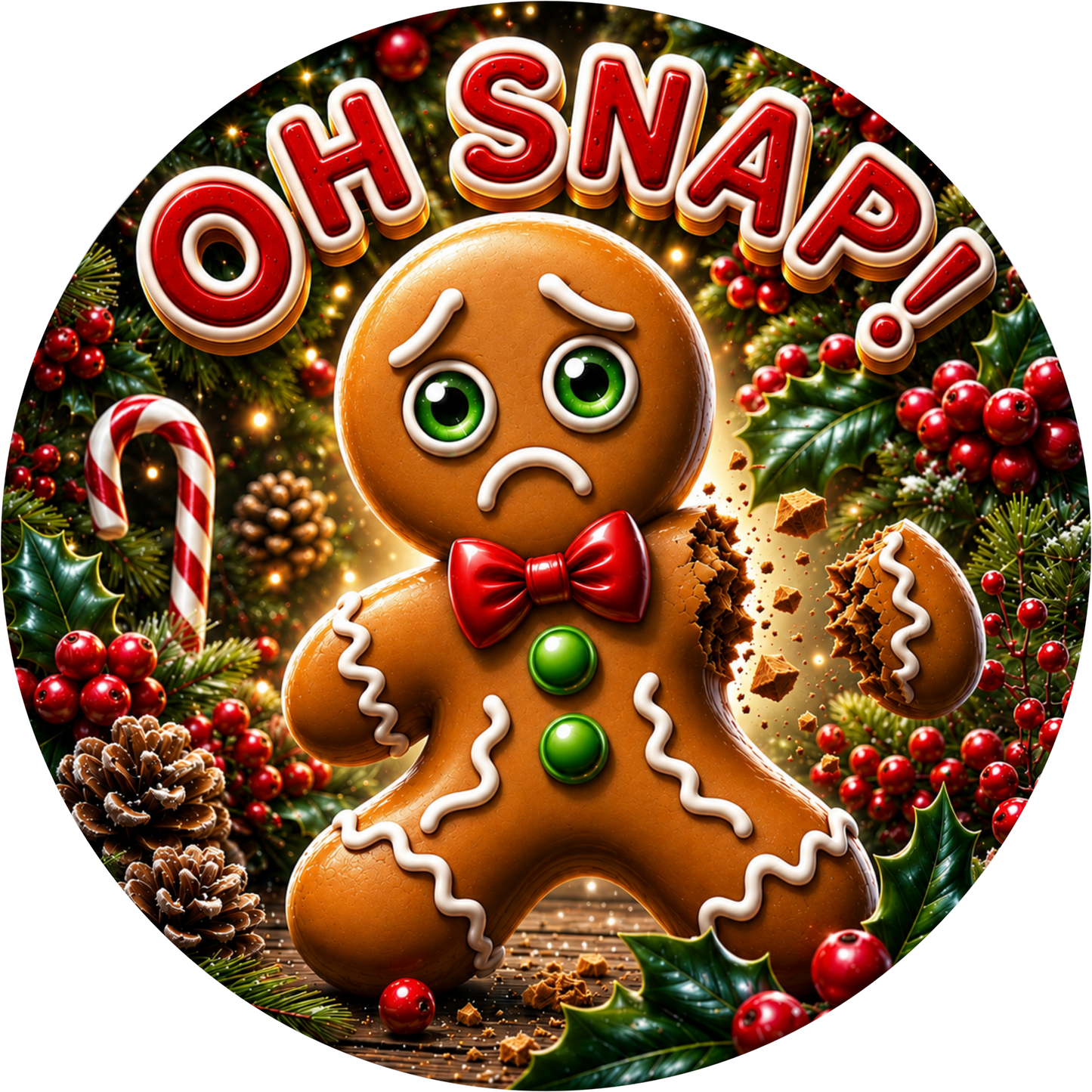 Oh Snap! Broken Gingerbread Man — Christmas Round Wreath Sign