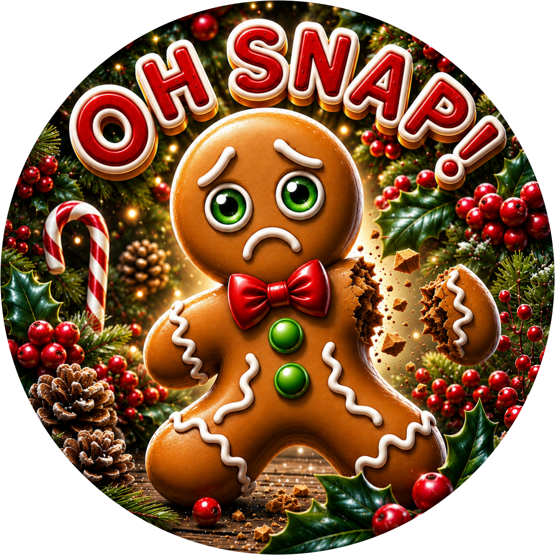 Oh Snap! Broken Gingerbread Man — Christmas Round Wreath Sign