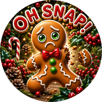 Oh Snap! Broken Gingerbread Man — Christmas Round Wreath Sign