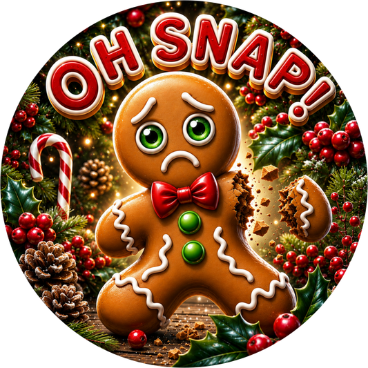 Oh Snap! Broken Gingerbread Man — Christmas Round Wreath Sign