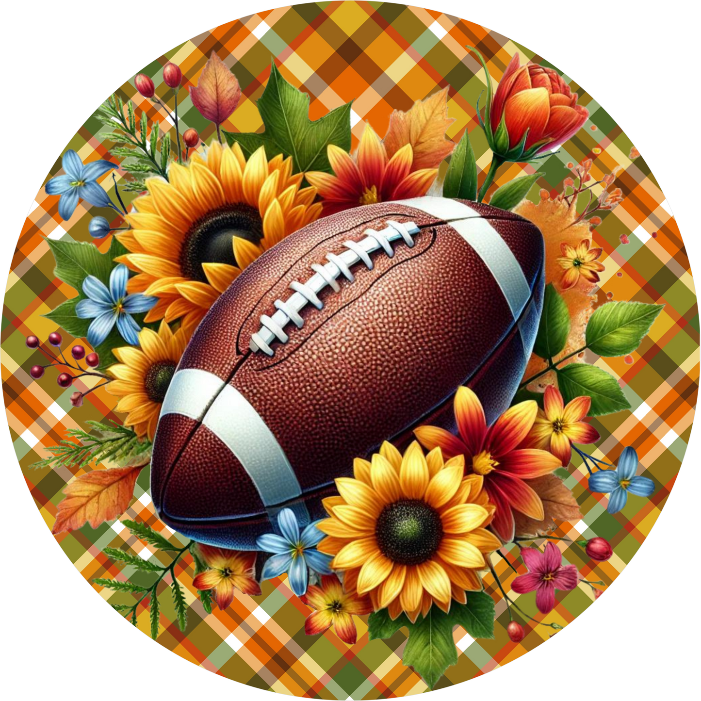 Football Sunflowers Orange Plaid Round Wreath Sign