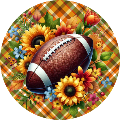 Football Sunflowers Orange Plaid Round Wreath Sign