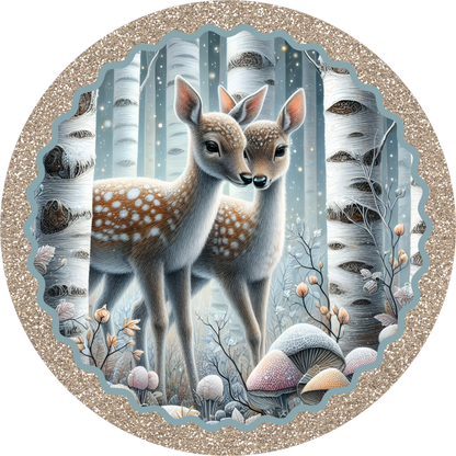 Fawns in the Winter Woods — Round Wreath Sign