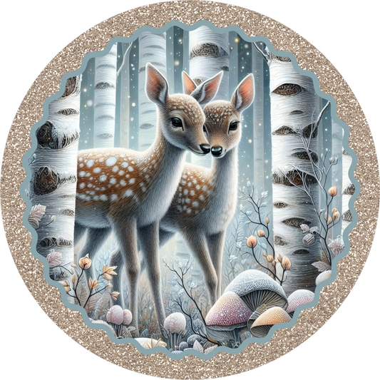 Fawns in the Winter Woods — Round Wreath Sign