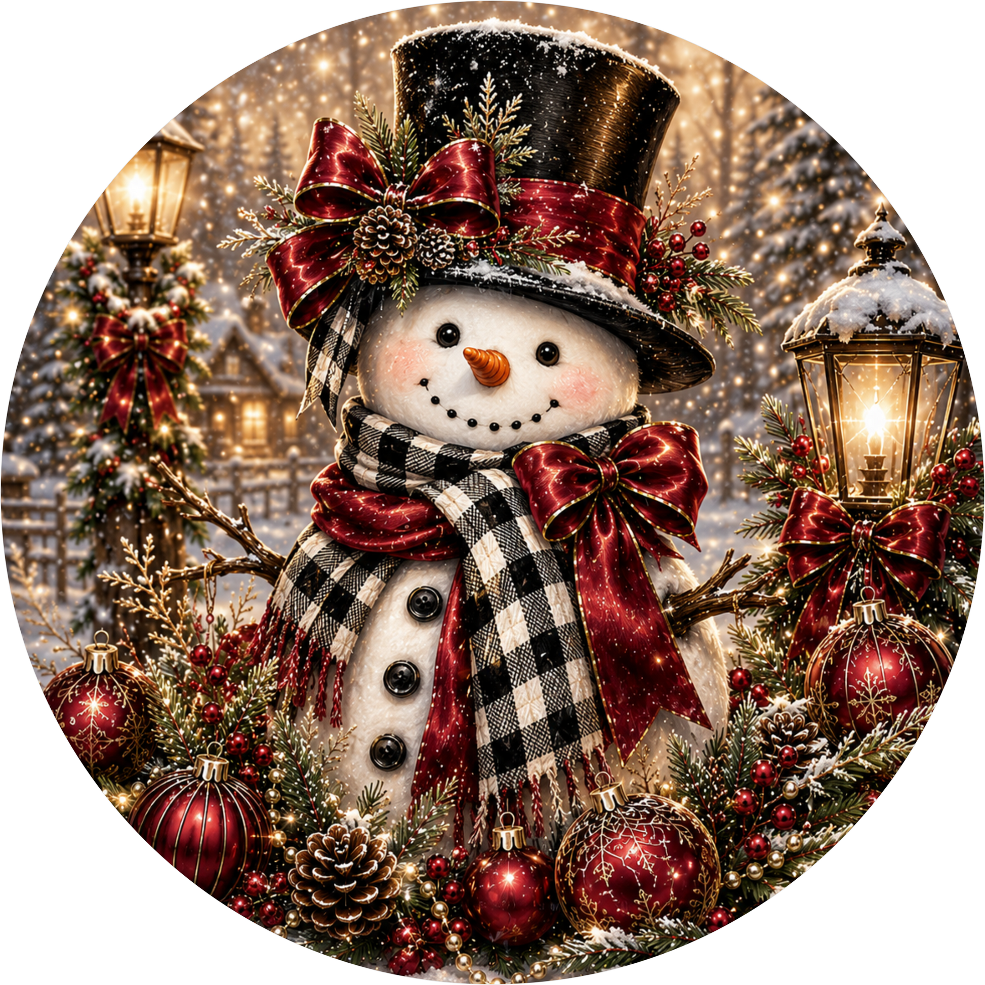 Snowman in Buffalo Check — Winter Round Wreath Sign