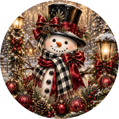 Snowman in Buffalo Check — Winter Round Wreath Sign