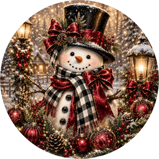 Snowman in Buffalo Check — Winter Round Wreath Sign