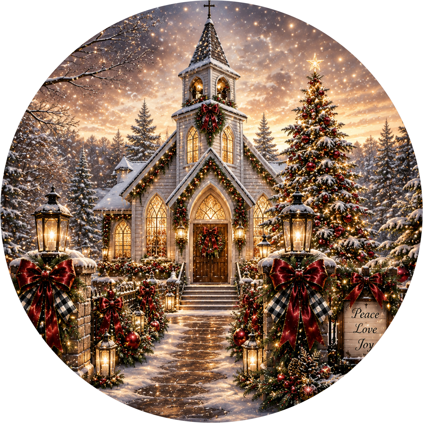 Ornate White Church — Christmas Round Wreath Sign
