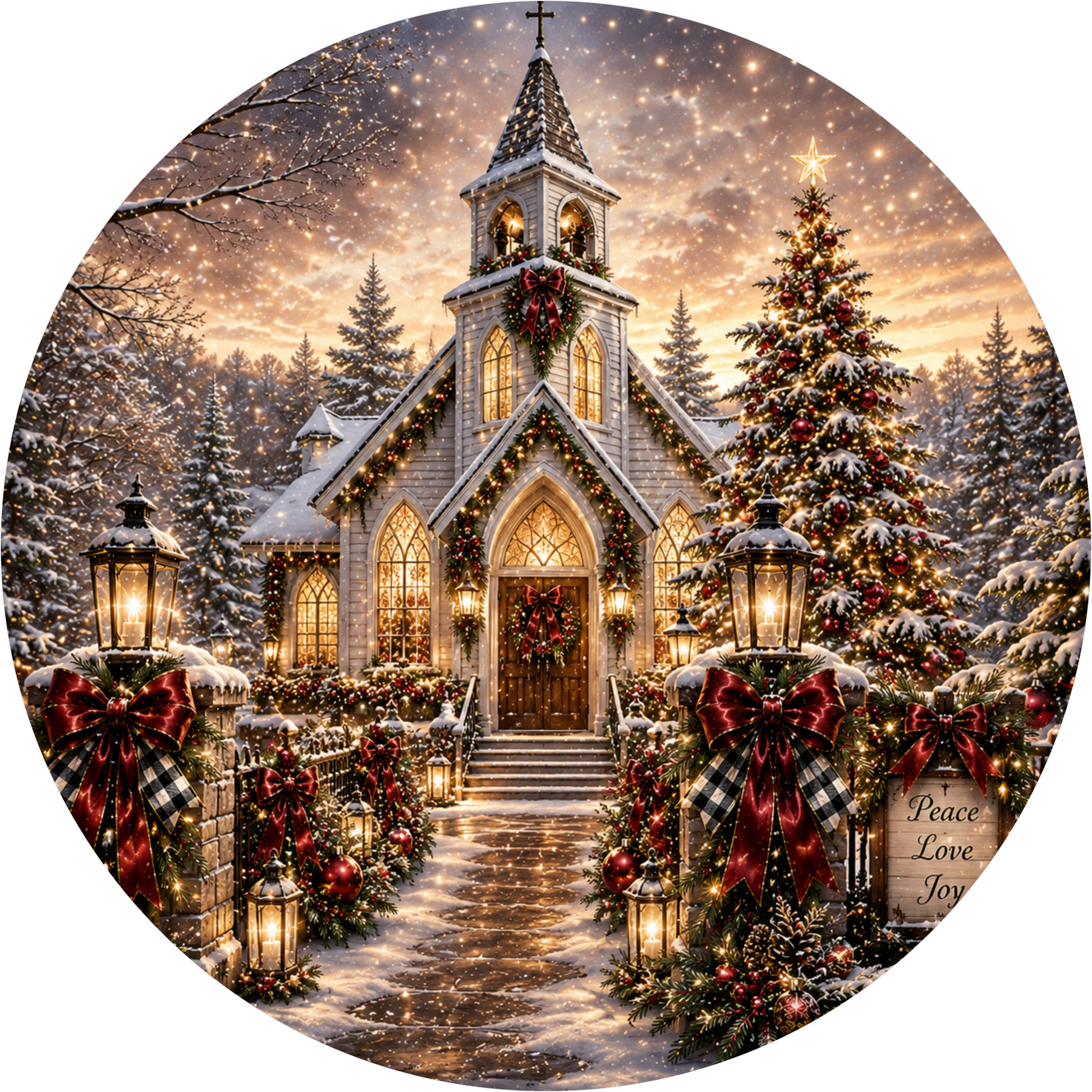 Ornate White Church — Christmas Round Wreath Sign