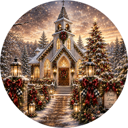 Ornate White Church — Christmas Round Wreath Sign