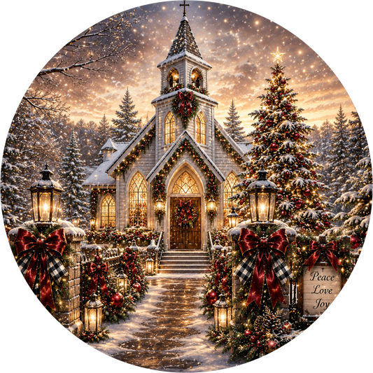 Ornate White Church — Christmas Round Wreath Sign