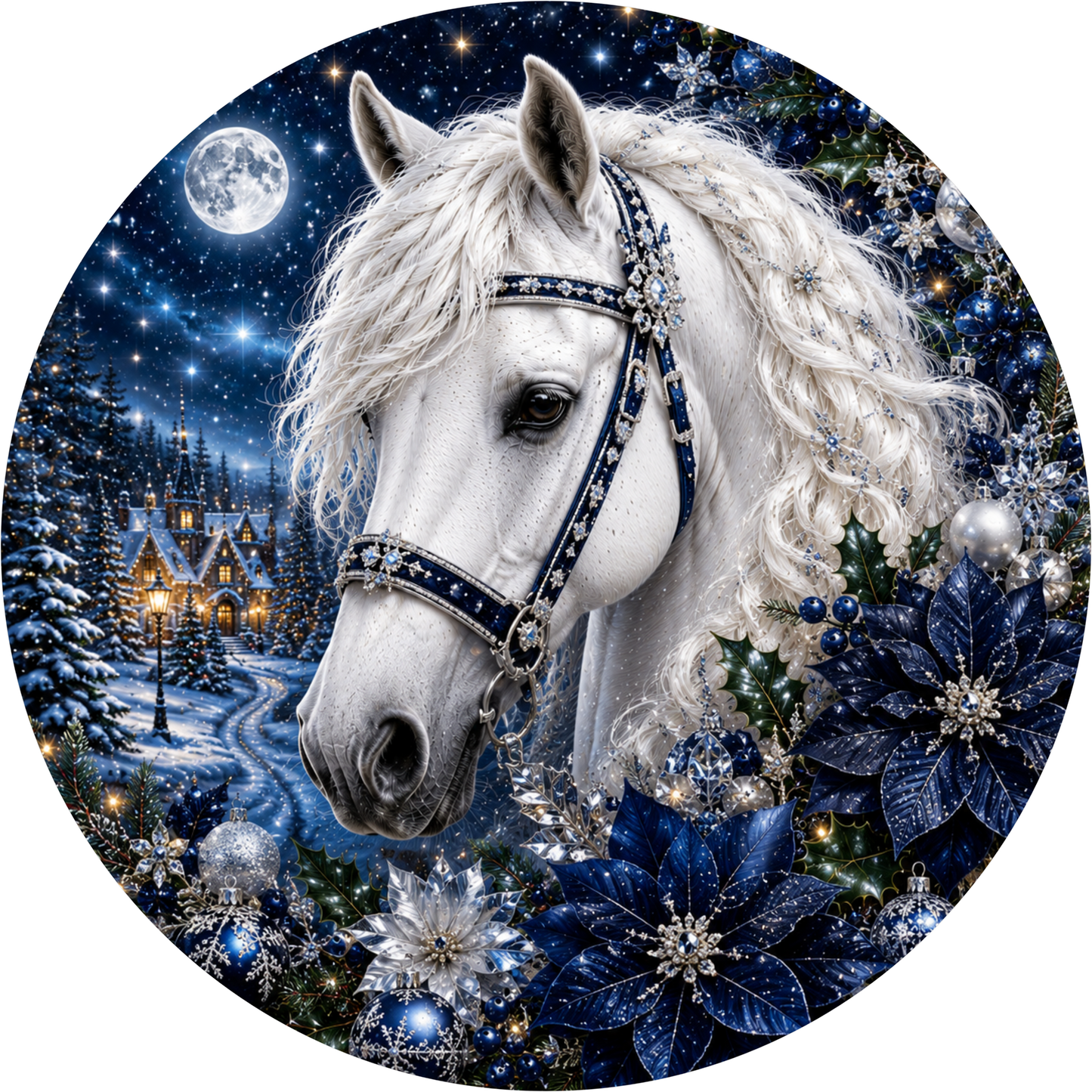 White Horse on Blue — Christmas Round Wreath Sign