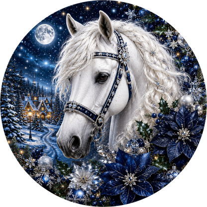 White Horse on Blue — Christmas Round Wreath Sign