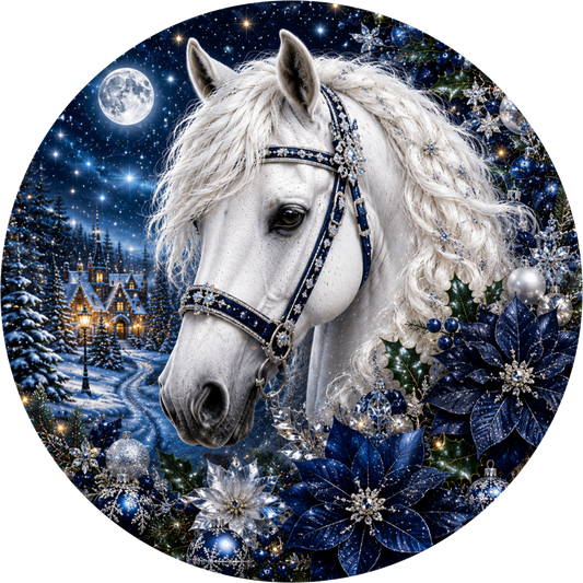 White Horse on Blue — Christmas Round Wreath Sign