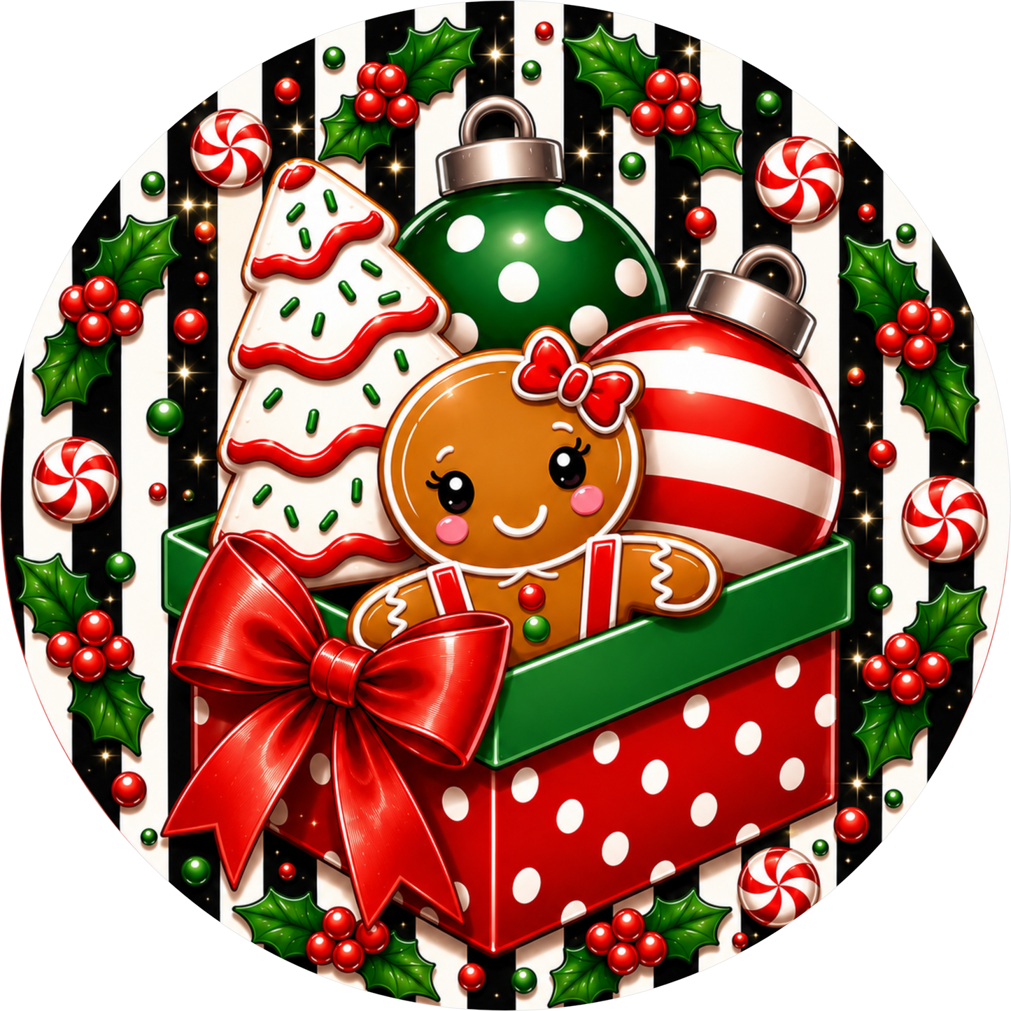 Gingerbread Girl with Her Christmas Tree Cake — Round Wreath Sign