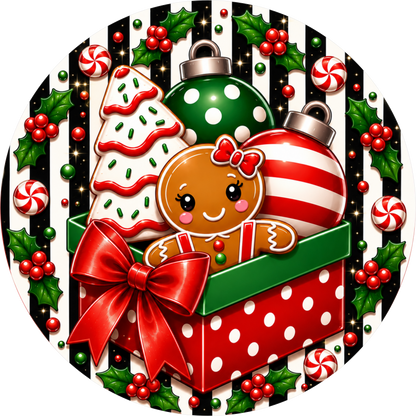 Gingerbread Girl with Her Christmas Tree Cake — Round Wreath Sign