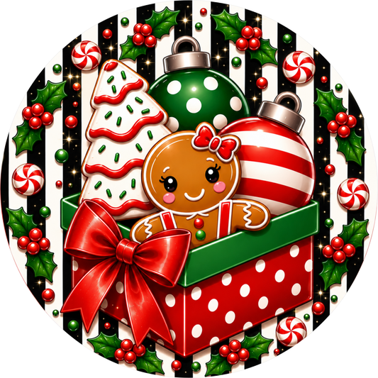 Gingerbread Girl with Her Christmas Tree Cake — Round Wreath Sign