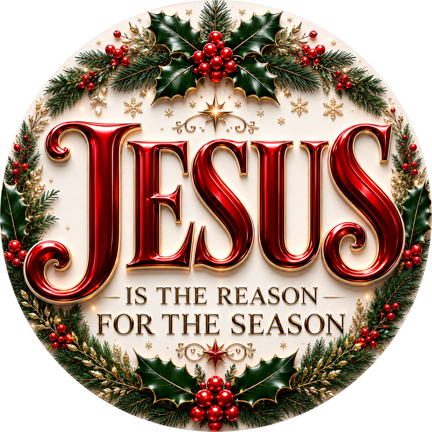 Jesus with Holly — Christmas Round Wreath Sign