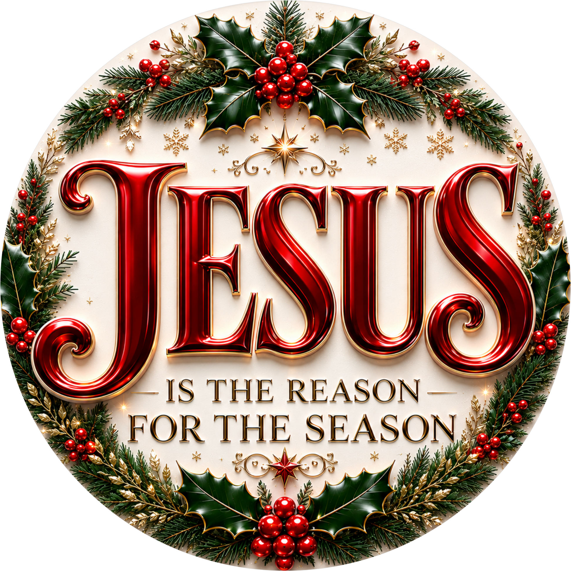 Jesus with Holly — Christmas Round Wreath Sign