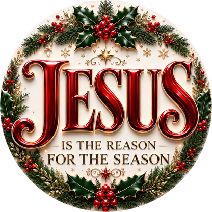 Jesus with Holly — Christmas Round Wreath Sign