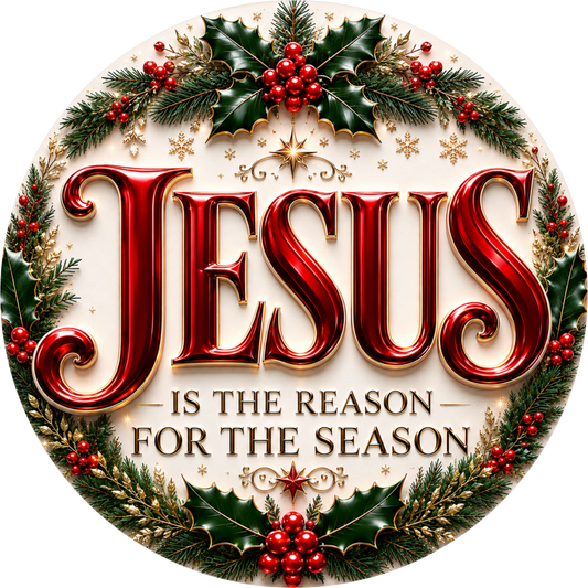 Jesus with Holly — Christmas Round Wreath Sign