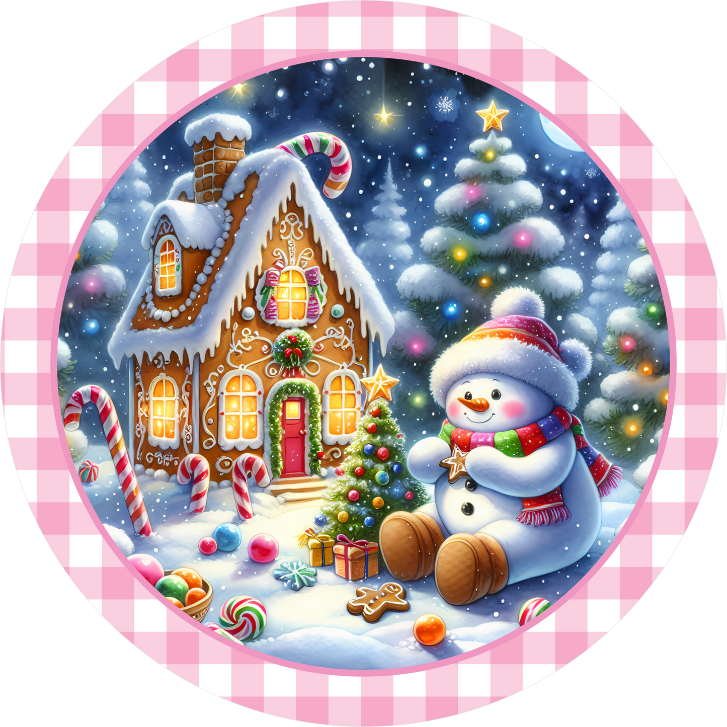 Snowman by the Gingerbread House — Winter Round Wreath Sign