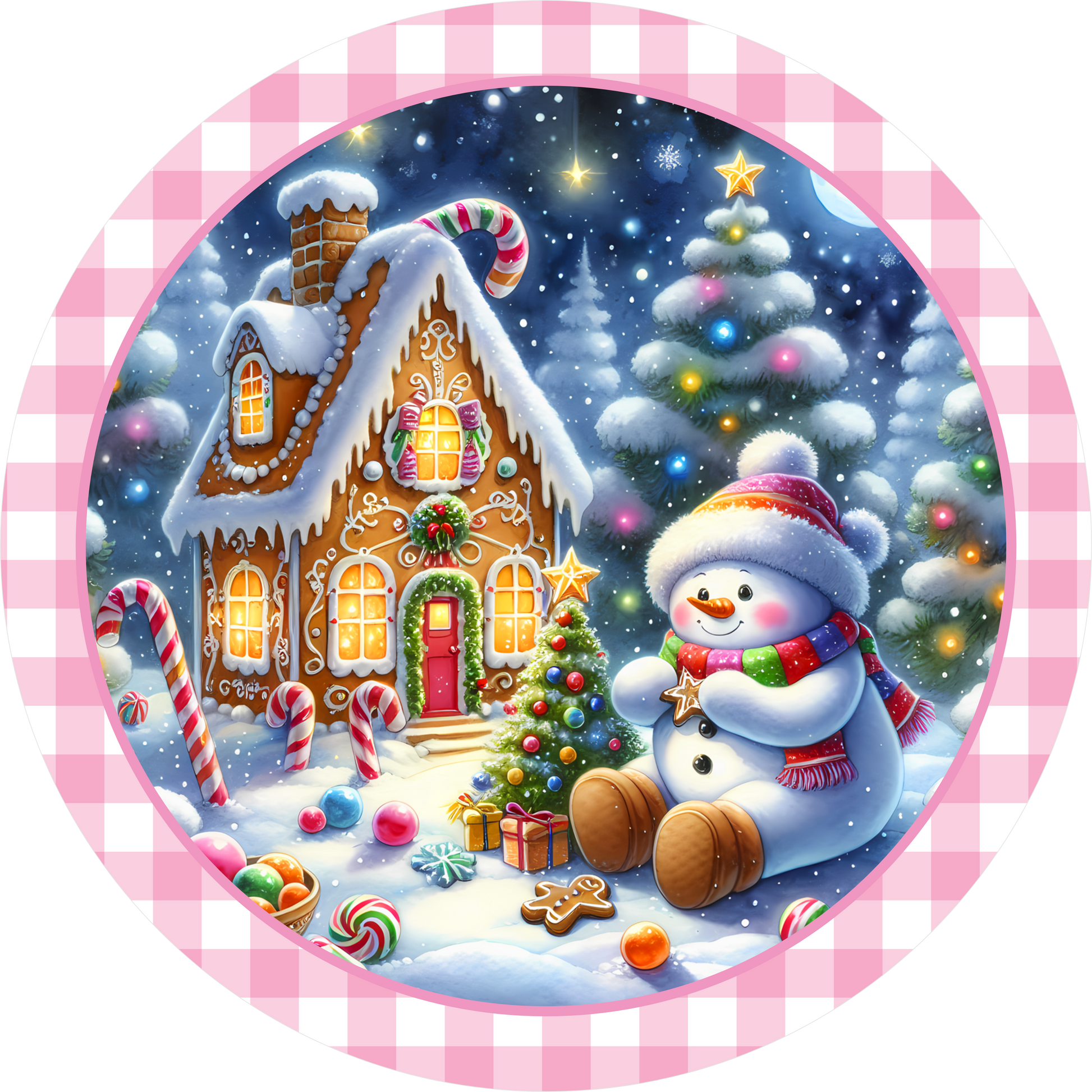 Snowman by the Gingerbread House — Winter Round Wreath Sign